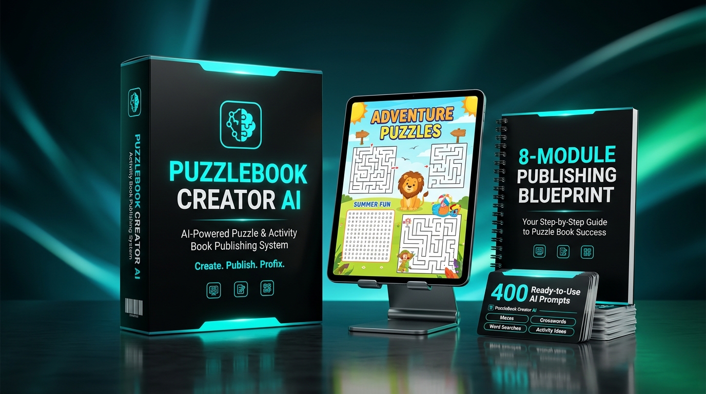 PuzzleBook Creator AI bundle — product box, tablet showing puzzle book, 400 AI prompts deck, and 8-Module Blueprint