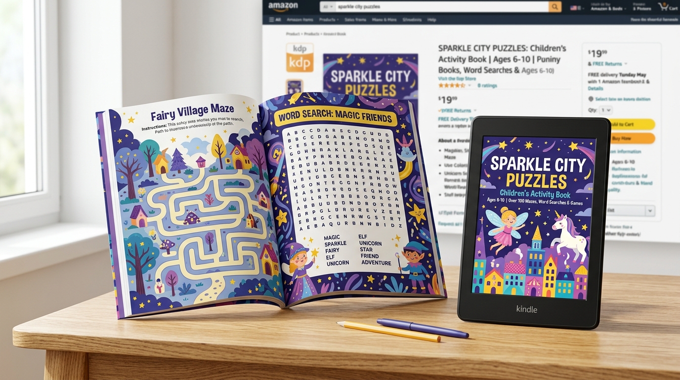 A finished, publish-ready puzzle book displayed as a paperback on Amazon KDP and on a tablet — the end result of the 8-module workflow